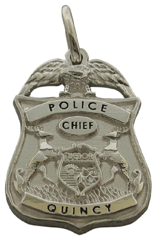 Custom Quincy MI Police Chief badge charm in sterling silver with black enamel text.