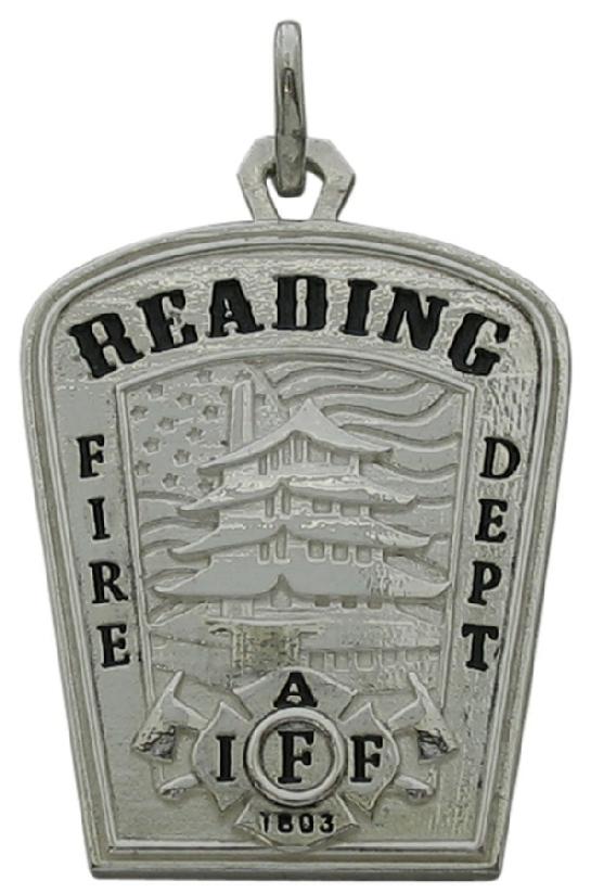 Custom Reading, PA Fire Department patch pendant in sterling silver with black enamel text.