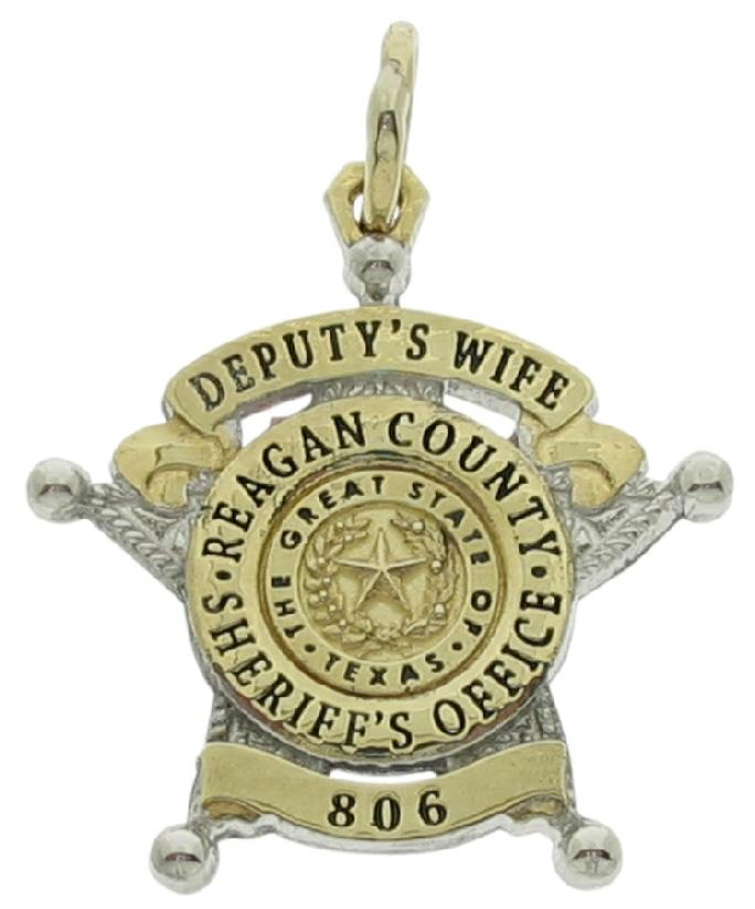 Custom Reagan County, TX Sheriff's Deputy badge pendant in yellow bronze with rhodium plate on star. Black enamel text.