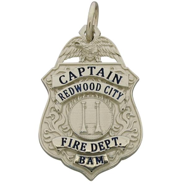 Custom Redwood City CA Fire Captain badge pendant in 10k white gold with black enamel.