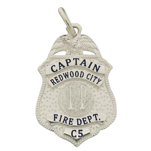 Custom Redwood City CA Fire Captain badge pendant in sterling silver with black enamel.