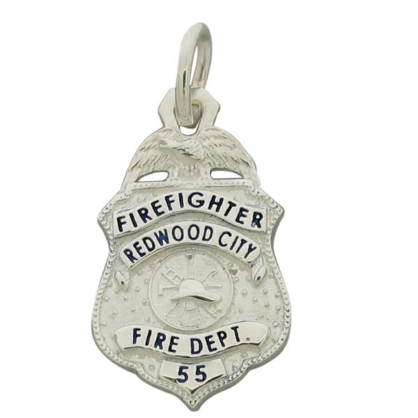 Custom Redwood City CA Firefighter badge pendant in sterling silver with fire scramble seal and black enamel.