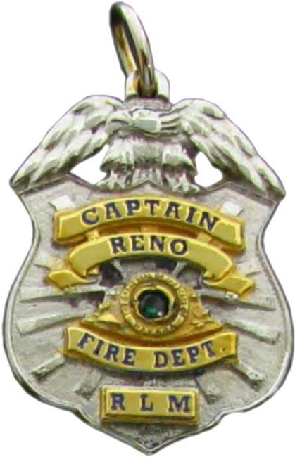 Reno, Nevada NV Fire Captain custom badge charm pendant in 14k white gold with yellow gold plated ribbons and center detail and birthstone