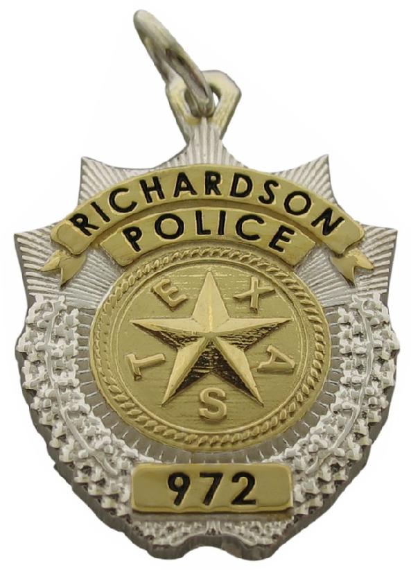 Custom Richardson TX Police Officer badge pendant in sterling silver with gold plated two tone finish and black enamel text.