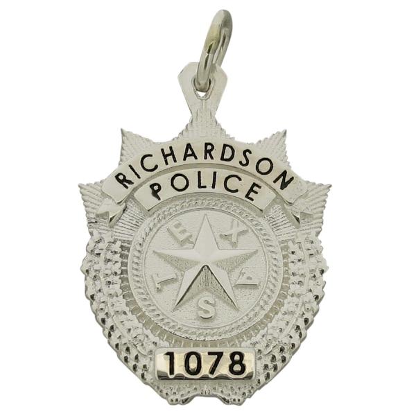 Custom Richardson TX Police Officer memorial badge pendant in sterling silver with black enamel.