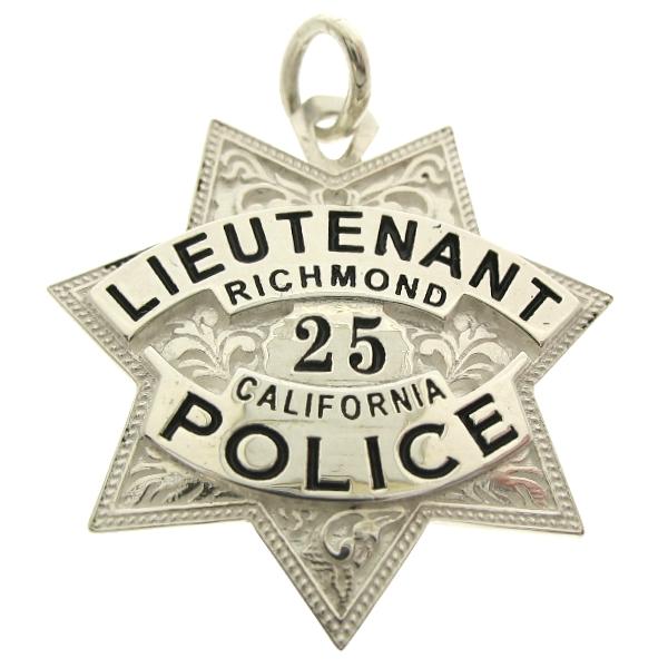 Custom Richmond CA Police Lieutenant badge pendant in sterling silver with black enamel text.
