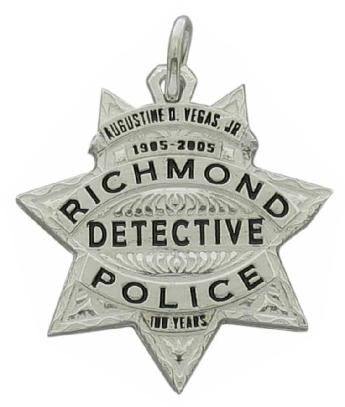 Custom Richmond, CA Police Detective badge pendant in sterling silver with black enamel text.