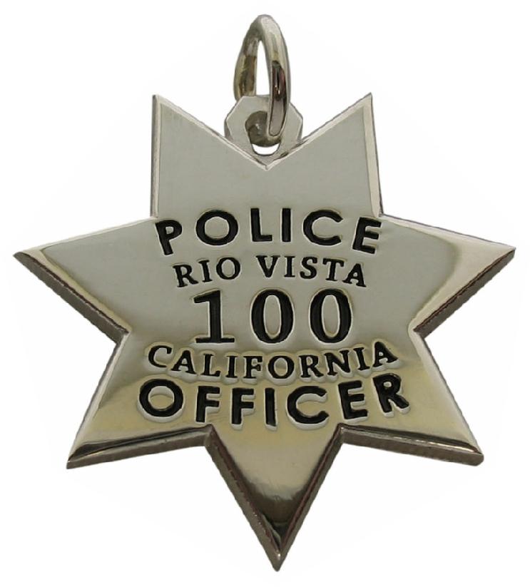 Custom Rio Vista CA Police Officer badge pendant in sterling silver with black enamel text.