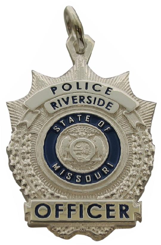 Custom Riverside MO Police Officer badge pendant in sterling silver with standing letter text and blue enamel.