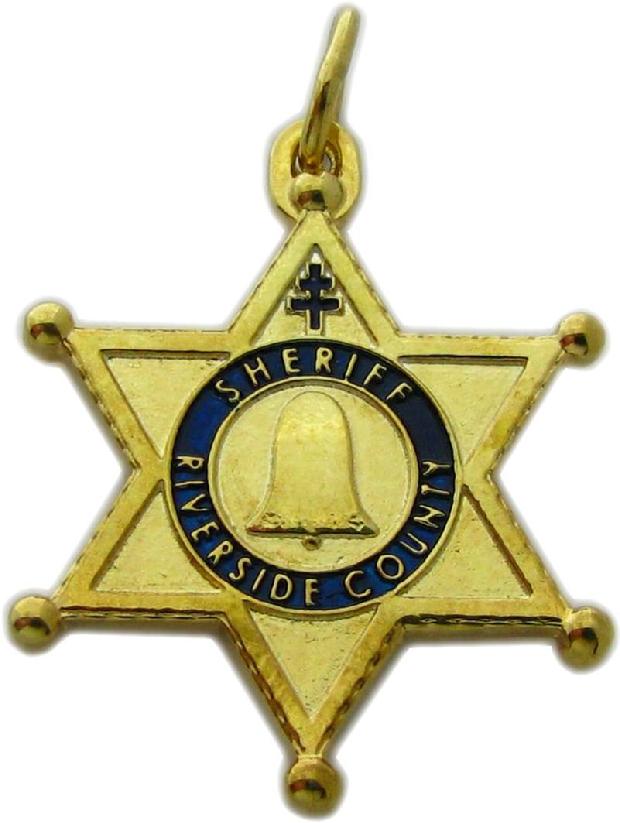 Riverside, California CA Sheriff custom badge pendant charm in sterling silver with a gold plate and blue background color