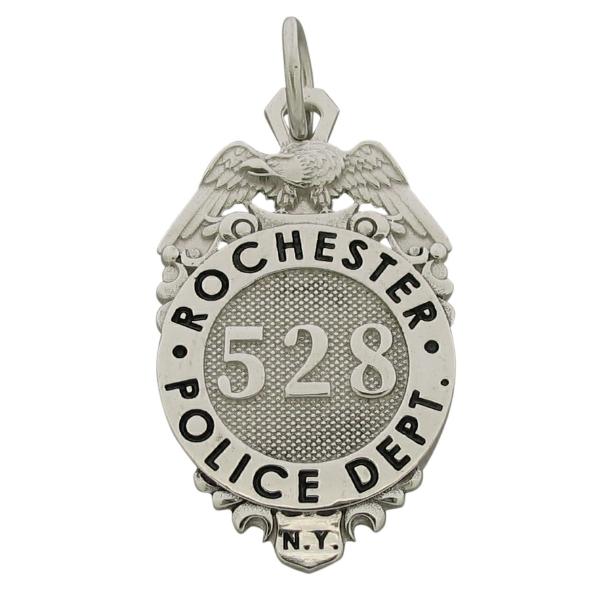 Custom Rochester NY Police Officer badge pendant in 10k white gold with black enamel.