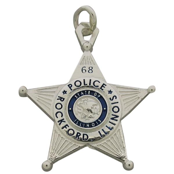 Custom Rockford IL Police Officer badge memorial pendant in sterling silver with blue enamel.