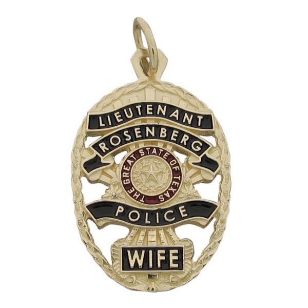 Custom Rosenberg TX Police Lieutenant badge pendant in 14k yellow gold with black and red enamel.