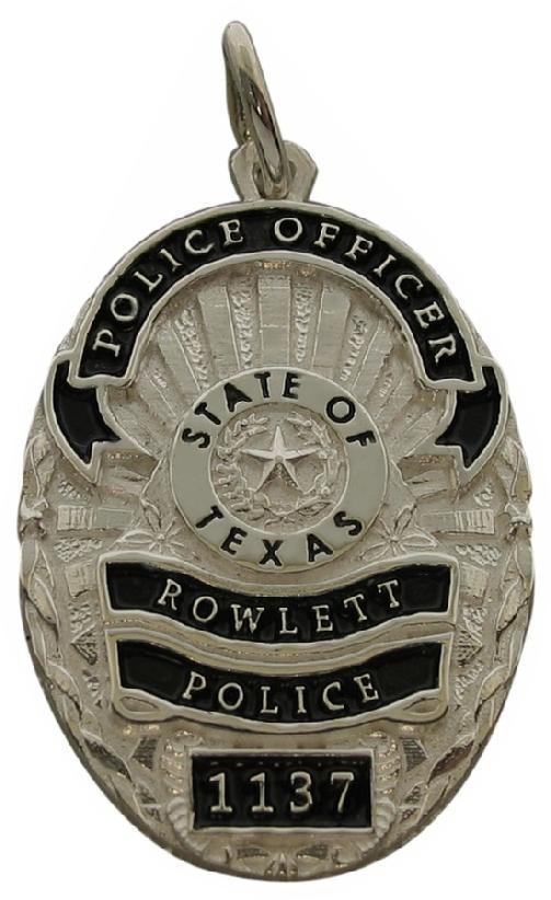 Custom Rowlett TX Police Officer badge pendant in sterling silver with standing letter ribbons, black enamel background and text.