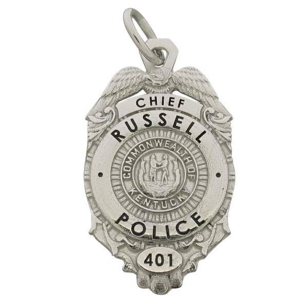 Custom Russell KY Police Chief's badge pendant in 18k white gold with black enamel.