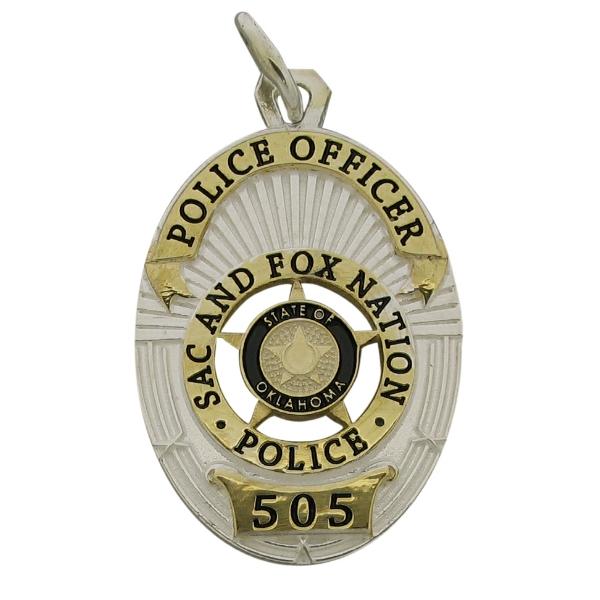 Custom Sac and Fox OK Police Officer Memorial badge pendant in sterling silver with two tone finish and black enamel.