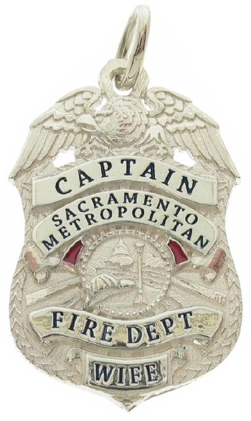 Custom Sacramento CA Fire Captain badge pendant in sterling silver.