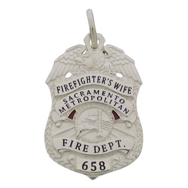 Custom Sacramento Metropolitan Firefighter badge pendant in sterling silver with enamel.
