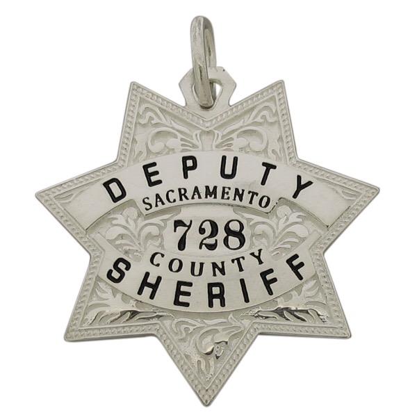 Custom Sacramento CA Sheriff's Deputy memorial badge pendant in sterling silver with black enamel.