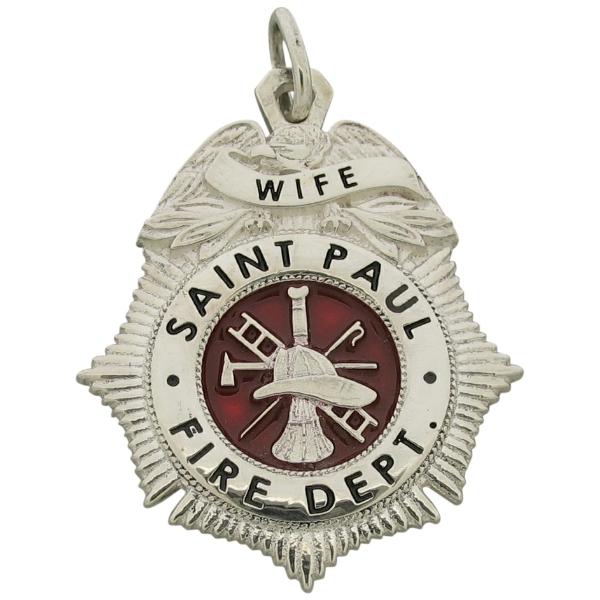 Custom St. Paul MN Firefighter's wife pendant in sterling silver with fire scramble center and black and red enamel.