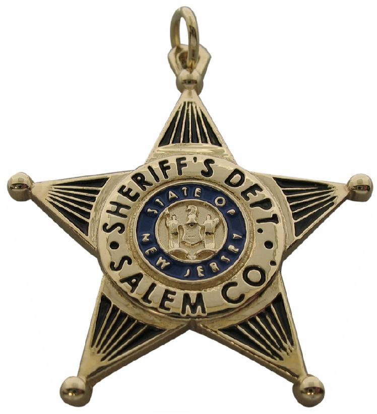 Custom Salem NJ Sheriff badge pendant in 14k yellow gold with standing letter detail and blue and black enamel.