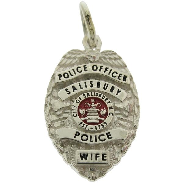 Custom Salisbury NC Police Officer badge pendant in sterling silver with red and black enamel.