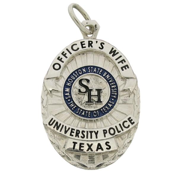 Custom Sam Houston State University TX Police Officer badge pendant in sterling silver with enamel.
