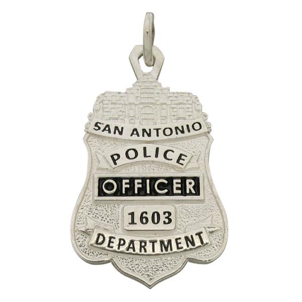 Custom San Antonio TX Police Officer memorial badge pendant in sterling silver with standing letter detail and black enamel.