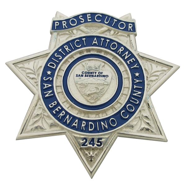 Custom San Bernardino County CA District Attorney's Prosecutor wallet size badge in sterling silver with blue enamel.