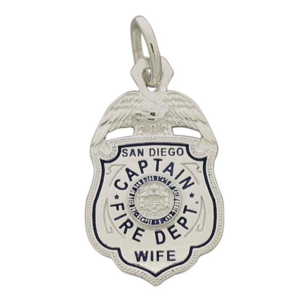 Custom San Diego CA Fire Captain badge pendant in sterling silver with blue enamel.