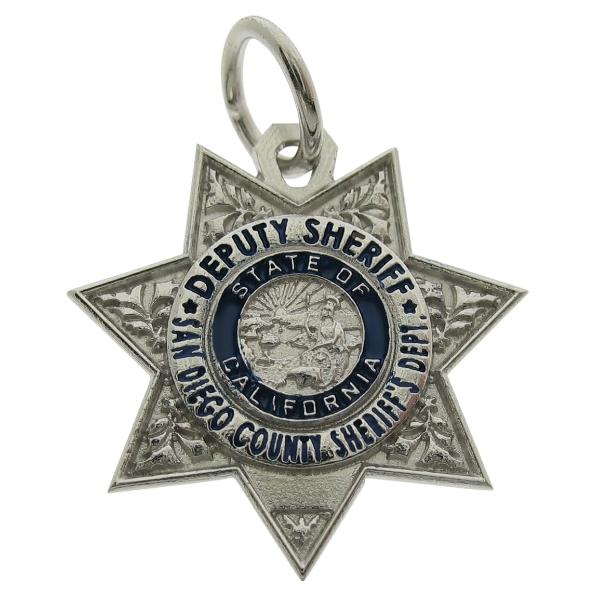 Custom San Diego County CA Sheriff's Deputy badge pendant in 10k white gold with enamel.