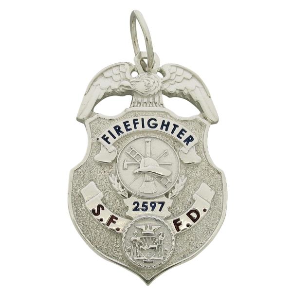 Custom San Francisco Firefighter badge pendant in sterling silver with fire scramble seal and blue and red enamel.