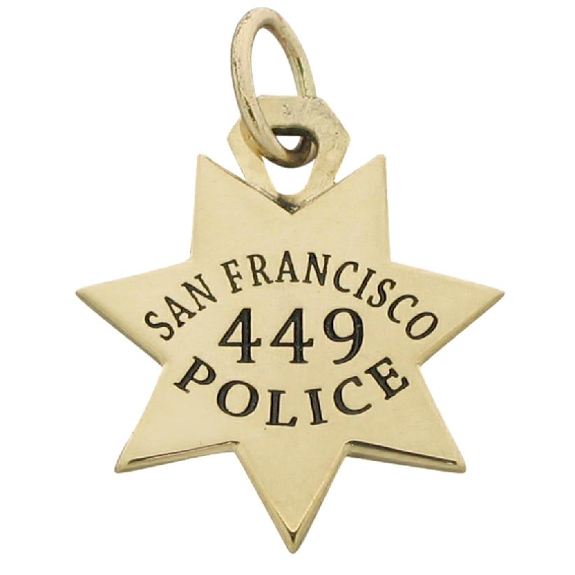 Custom San Francisco CA Police Officer badge pendant in 14k yellow gold with black enamel.
