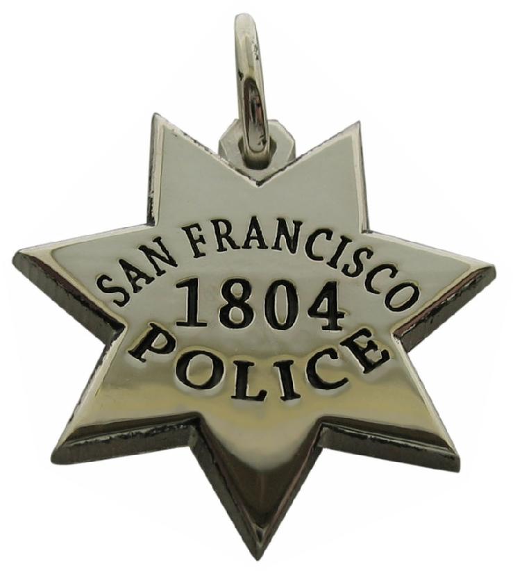 Custom San Francisco CA Police Officer badge charm in sterling silver with black enamel text.