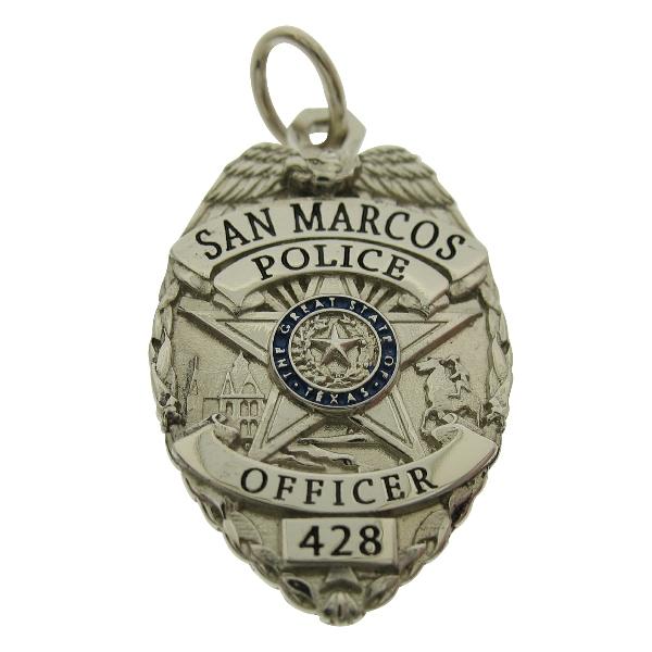 Custom San Marcos TX Police Officer badge pendant in 10k white gold.