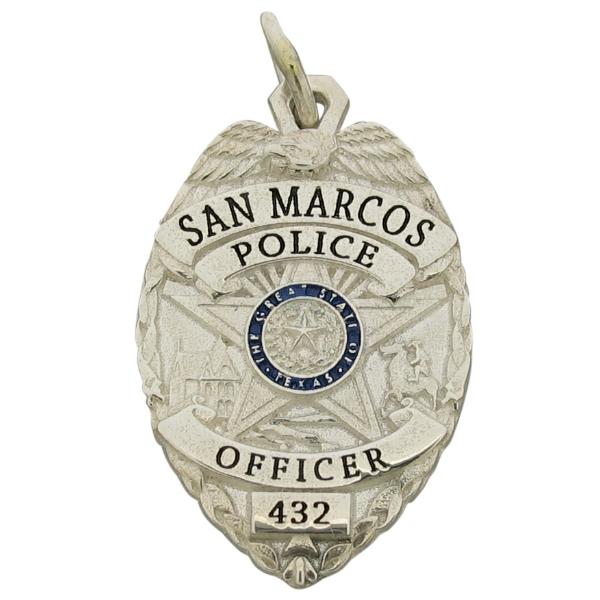 Custom San Marcos TX Police Officer badge memorial pendant in sterling silver with enamel.