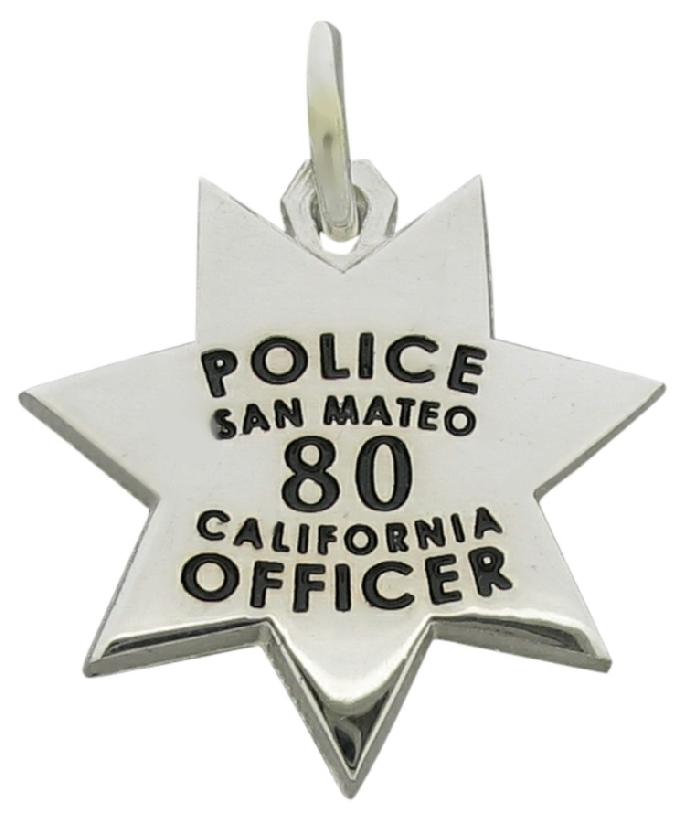 Custom San Mateo (CA) Police Officer badge pendant in sterling silver with black enamel text.
