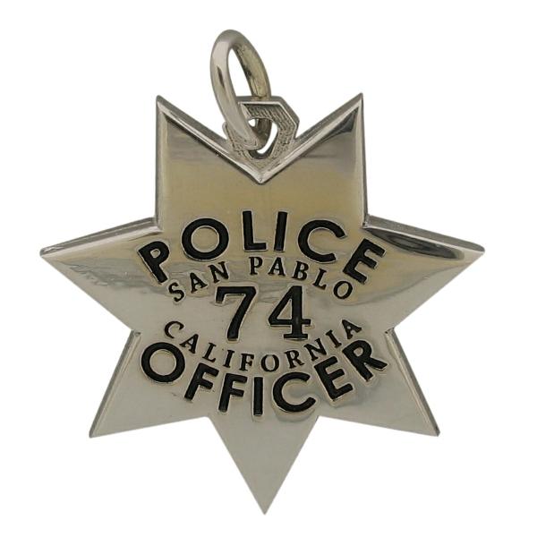Custom San Pablo CA Police Officer badge pendant in sterling silver with black enamel.