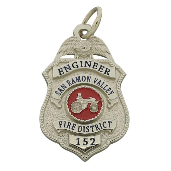 Custom San Ramon Valley Fire Department Engineer badge pendant in 10k white gold with red and black enamel.