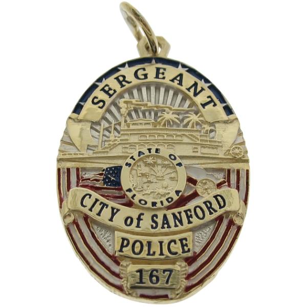 Custom Sanford FL Police Sergeant badge pendant in 10k yellow gold with rhodium plated two tone finish and red, white, blue, and black enamel details.