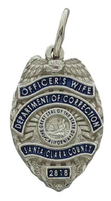 Custom Santa Clara, CA Department of Corrections badge pendant with standing text and blue background enamel.