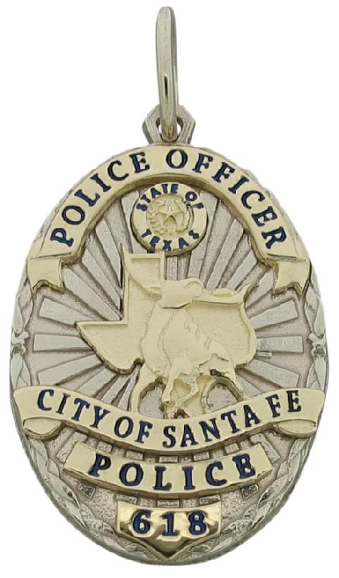 Custom Santa Fe TX Police Officer badge pendant created in 10k white gold with 10k yellow gold ribbons and center details. Enamel text.
