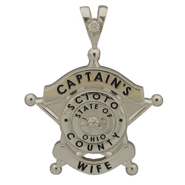 Custom Scioto OH Police Captain badge pendant in sterling silver with optional 'Y' bail, .05 ct. round brilliant diamonds, and black enamel.