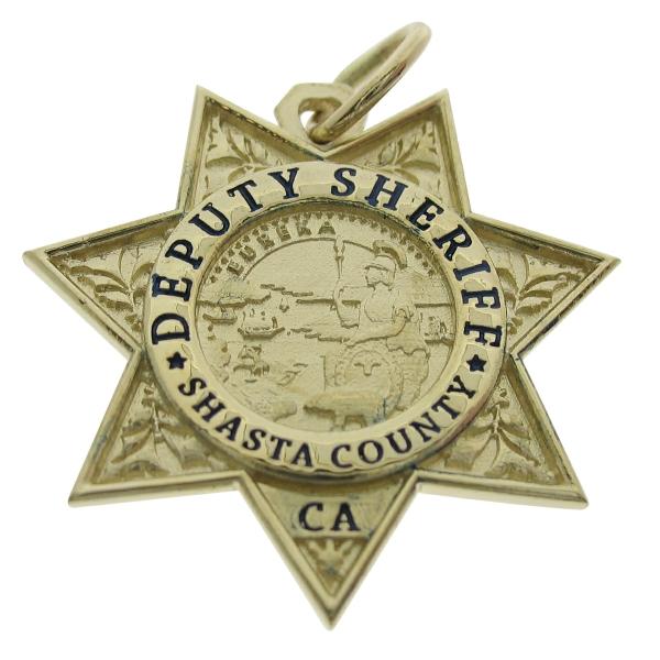 Custom Shasta County CA Sheriff's Deputy badge pendant in 10k yellow gold.
