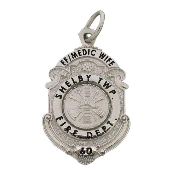 Custom Shelby Township MI Firefighter Paramedic badge pendant in 10k white gold with black enamel.