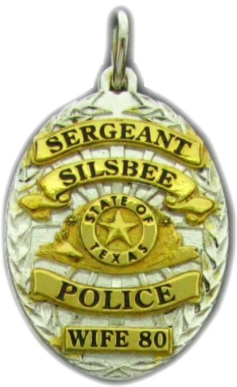 Silsbee, Texas TX Police Officer custom badge charm pendant in sterling silver with gold plate ribbons and center detail