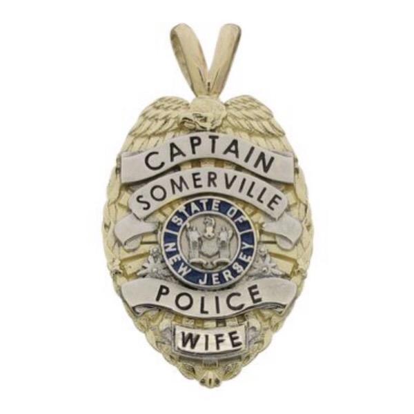 Custom Somerville NJ Police Captain badge pendant in 10k yellow gold with rhodium plate, blue and black enamel, and optional "Y' pendant bail.