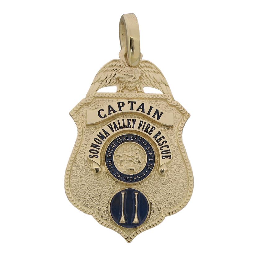 Custom Sonoma Valley (CA ) Fire Rescue Captain badge pendant in 14k yellow gold with blue enamel and an optional heavy pendant loop.