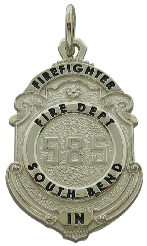 Custom South Bend, IN Firefighter badge pendant in 10k white gold with black enamel.