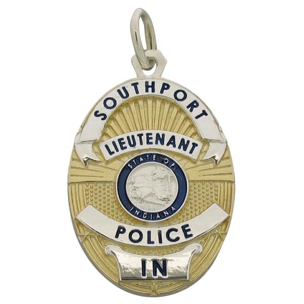 Custom Southport IN Police Lieutenant memorial badge pendant in two tone sterling silver with black and blue enamel and standing letter seal bezel.